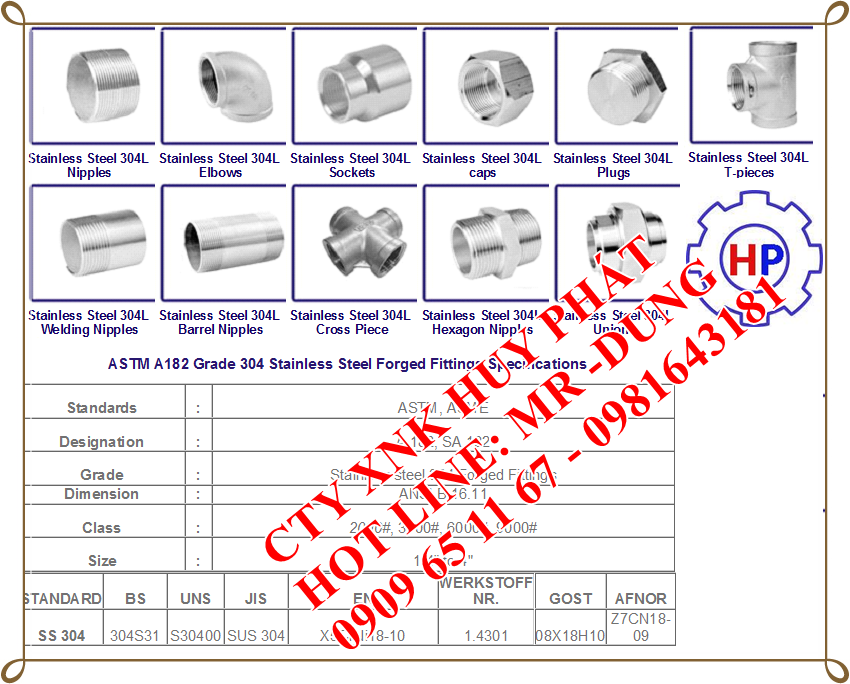 HÀNG ÁP LỰC INOX 304L ASTM A182 Grade 304 Stainless Steel Forged Fittings Specifications